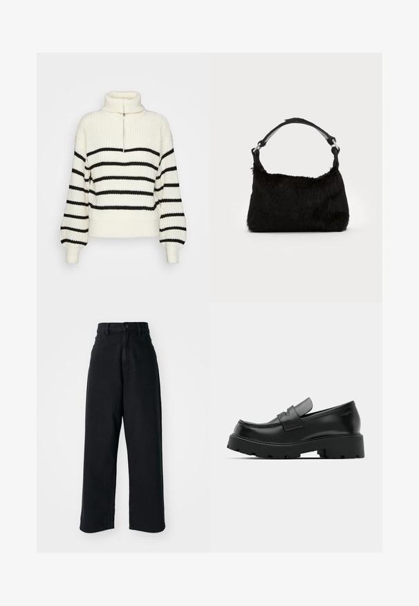 Strik turtleneck sweater i creme med sorte vandrette striber. Har en halv-lynlås foran og brede, ribbede mansjetter og kant.; Sorte højtaljede vid ben jeans med frontlommer og knaplukning, præsenteret mod en plain hvid baggrund.; Sorte læder loafers med en chunky tekstureret sål, der har en rem over vamps og en glat, poleret finish.; Sort faux fur håndtaske med en blød tekstur, rund form og en robust skulderrem i sort læder. Synlige sølvhardware-detaljer.