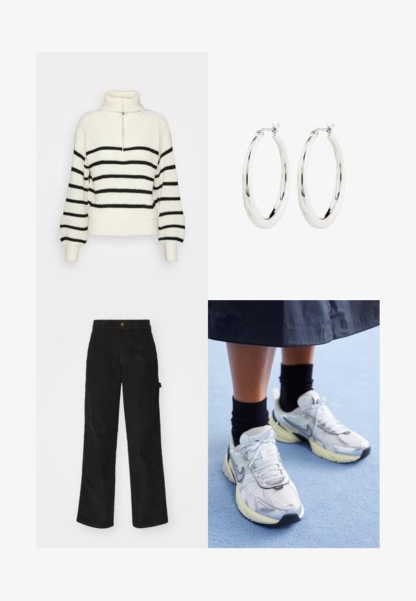 Strik turtleneck sweater i creme med sorte vandrette striber. Har en halv-lynlås foran og brede, ribbede mansjetter og kant.; Sorte kordfløjsbukser med et lige ben-design, der har en knaplukning og sidelommer. Glat tekstur med fine lodrette striber.; Hvide og sølv Nike sneakers med mesh-stof, reflekterende detaljer og en beige sål. Bæres med sorte sokker og står på en blå overflade.; Sølvøreringe i form af hoops med en glat, blank finish. Cirkulær form, der har en sikker lås. Simpelt og elegant design.