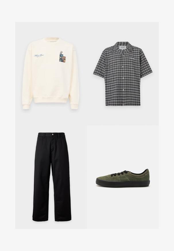 Krémový crewneck sveter s modrým textom "Filling Pieces" na ľavej hrudi a grafikou naskladaných vintage reproduktorov na pravej hrudi.; Čierno-biela károvaná košeľa s krátkym rukávom na gombíky s golierom a malým bielym logom "Carhartt" na hrudi.; Čierne široké nohavice s pútkami na opasok, predným gombíkom a zapínaním na zips, zobrazené na jednoduchom svetlom pozadí.; Zelené semišové tenisky s čiernou gumovou podrážkou, plochým šnurovaním a diskrétnym bočným brandingom. Obsahujú textúrovaný zvršok a aerodynamický tvar.