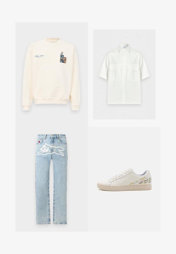 Kreemivärvi crewneck dressipluus, mille vasakul rinnal on sinine tekst "Filling Pieces" ja paremal rinnal virna vintage-kõlareid kujutav graafika.; Valge lühikeste varrukatega särk kraega ja kahe eesmise lukuga taskuga, esitatud ühetaustalisel heledal taustal.; Icecream RUNNING DOG PANT - Sirgete säärtega teksad - heavy wash blue; Valged nahkjalad, millel on sile tekstuur, erksate joonmustritega kannaosas ja beež kummitald.