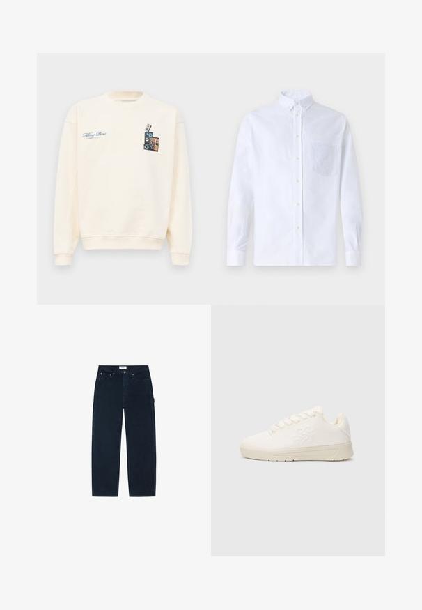 Kreemivärvi crewneck dressipluus, mille vasakul rinnal on sinine tekst "Filling Pieces" ja paremal rinnal virna vintage-kõlareid kujutav graafika.; Valge pikamaa varrukatega nööbiga särk, mis on valmistatud puuvillast ja millel on rinna tasku toon-toonis brodeeringuga, krae ja nööbiga mansetid.; Mustad sirgete lõikega püksid ees- ja tagataskutega, vööaasade ja külgmist töörihmaga, laotatud valgel taustal.; Valge sünteetiline spordijalats, millel on sile pind, ümar ninaosa, paeltega sulgemine ja küljele pressitud logo. Lame kummist tallaga.