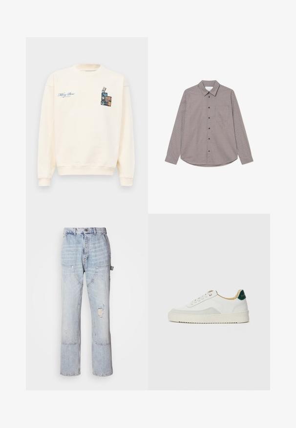 Krémový crewneck sveter s modrým textom "Filling Pieces" na ľavej hrudi a grafikou naskladaných vintage reproduktorov na pravej hrudi.; Dlhý rukáv, košela na gombíky hnedo-beige károvaného vzoru. Obsahuje golier, náprsné vrecko a čierne gombíky pozdĺž prednej strany.; Svetlomodré denimové montérkové nohavice s viacerými vreckami, predným gombíkom, zipsom a poškodením na pravej stehne.; Biele tenisky s semišovými akcentmi, zaoblenou špičkou, plochými šnúrkami a krémovou gumovou podrážkou. Na päte sú zelené značky.