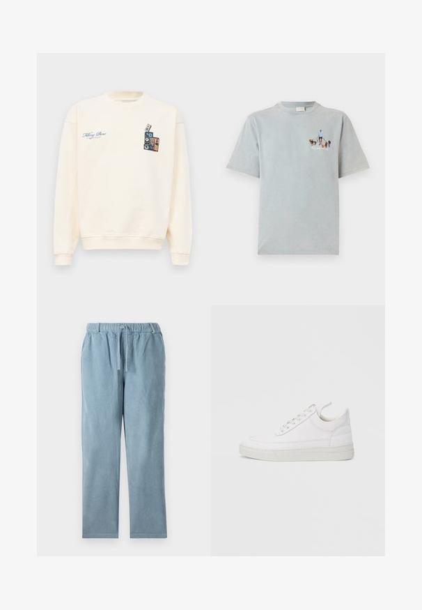 Crèmekleurige crewneck sweatshirt met blauwe tekst "Filling Pieces" op de linkerborst en een afbeelding van gestapelde vintage speakers op de rechterborst.; Lichtblauwe katoenen T-shirt met korte mouwen en een ronde hals, met een grafisch ontwerp van een persoon die honden uitlaat op de voorkant.; Lichtblauwe corduroybroek met een elastische tailleband, trekkoord, rechte pijp en geribbelde textuur. Geen zichtbare zakken.; Witte leren sneaker met een afgeronde neus, platte zool en veters aan de voorkant. Voorzien van stikseldetails en een gevoerde kraag voor comfort.