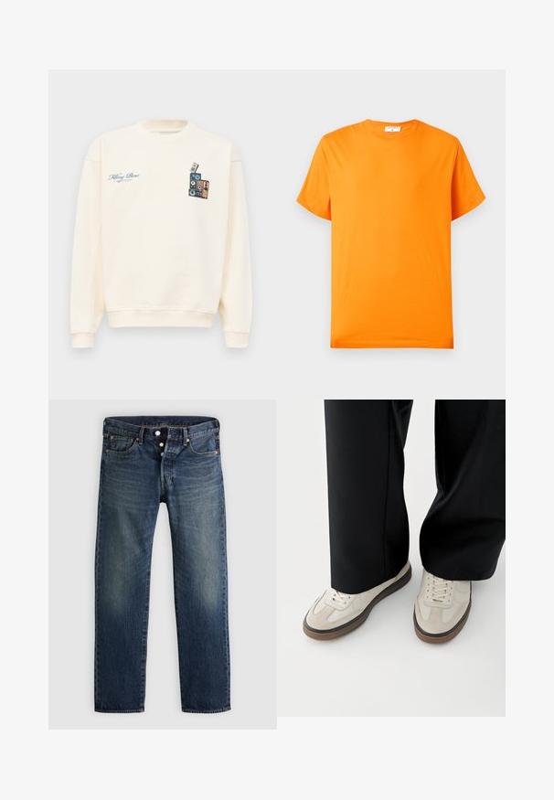 Crèmekleurige crewneck sweatshirt met blauwe tekst "Filling Pieces" op de linkerborst en een afbeelding van gestapelde vintage speakers op de rechterborst.; Fel oranje katoenen T-shirt met korte mouwen en een ronde hals, plat weergegeven op een lichtgrijze achtergrond.; Klassieke rechte jeans van blauw denim, met vijf zakken, een knoopsluiting en subtiele vervaging, voorzien van koperen klinknagels en stikaccenten.; Voeten met beige sneakers met bruine zolen en zwarte wijde broekspijpen op een witte achtergrond.