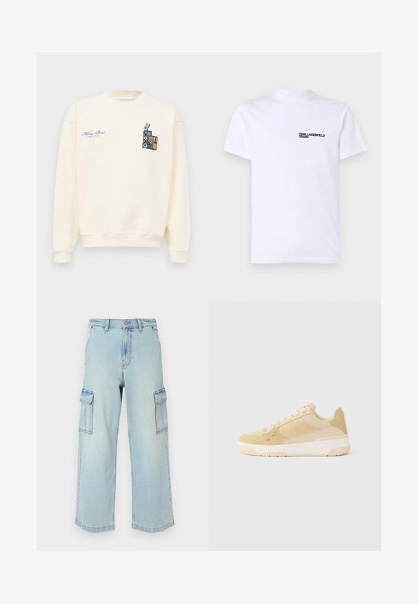 Kreemivärvi crewneck dressipluus, mille vasakul rinnal on sinine tekst "Filling Pieces" ja paremal rinnal virna vintage-kõlareid kujutav graafika.; Valge puuvillane T-särk, millel on lühikesed varrukad, ümar kaelus ja must "KARL LAGERFELD JEANS" logo vasakul rinnakul.; Heledad sinine teksakangas, millel on laiad sääred, kaks küljetaskut, nööbikinnitus ja mõõdukalt kulunud tekstuur.; Beežid tossud, mis on valmistatud seemisnahast ja hingavast võrgust, ümarate varvastega, paeltega kinnitatavad ning kontsal tekstuuriga detailidega.