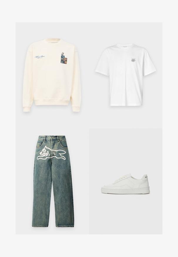 Krémový crewneck sveter s modrým textom "Filling Pieces" na ľavej hrudi a grafikou naskladaných vintage reproduktorov na pravej hrudi.; Biela tričko vyrobené z bavlny, s krátkymi rukávmi, okrúhlym výstrihom a malým šedým logom na oblasti ľavej hrude. Hladká textúra.; Světle modré džíny s volným střihem, opatřené velkým bílým grafikou kočky na levé nohavici a tradičním pěti kapsovém designu.; Biele kožené tenisky s hladkým povrchom, okrúly špičkový dizajn, ploché šnúrky a textúrovaná podrážka. Obsahujú jemné logo na päte.