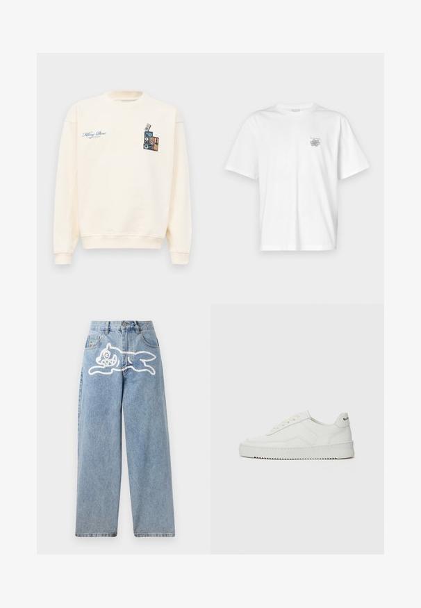 Cremefarvet crewneck sweatshirt med blå tekst "Filling Pieces" på venstre bryst og grafik af stakkede vintage højttalere på højre bryst.; Hvid t-shirt lavet af bomuld med korte ærmer, rund halsudskæring og et lille gråt logo på venstre brystområde. Glat tekstur.; Lysblå denimjeans med en afslappet, bred pasform. Har et hvidt motiv af en løbende kat på bagsiden. Klassisk fem-lomme design.; Hvide lædersneakers med en glat overflade, rund tå, flade snørebånd og en tekstureret sål. Har et diskret logo på hælen.