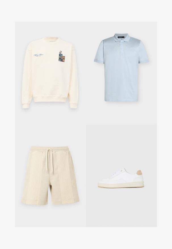 Kreemivärvi crewneck dressipluus, mille vasakul rinnal on sinine tekst "Filling Pieces" ja paremal rinnal virna vintage-kõlareid kujutav graafika.; Helehall õhukese varrukaga polo särk, millel on kolm nööpi, väike krae ja peenike vasakpoolses rinnas tikitud logo.; Beežid lühikesed püksid soonikkoes tekstuuriga, elastse vöökohaga, millel on nöör ning alumisel küljel asuv logo märk.; Valged madala varsaga tennisetooted, mille pealmine on tekstuuriga nahast, kreemja soonikuga tald ja pruuni tooni kand. Omab valgeid paelu ja logodetaile kanna peal.