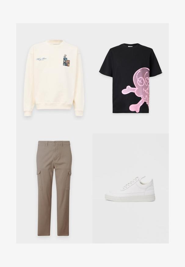 Crèmekleurige crewneck sweatshirt met blauwe tekst "Filling Pieces" op de linkerborst en een afbeelding van gestapelde vintage speakers op de rechterborst.; Zwart T-shirt met korte mouwen met een grote roze gestippelde cartoon schedel en gekruiste botten gedrukt aan de onderzijde rechts.; Jack & Jones Cargo Tapered Fit - Cargobroek - brindle; Witte leren sneaker met een afgeronde neus, platte zool en veters aan de voorkant. Voorzien van stikseldetails en een gevoerde kraag voor comfort.
