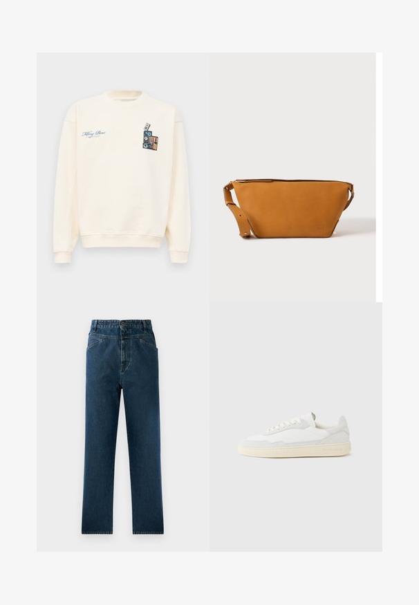 Crèmekleurige crewneck sweatshirt met blauwe tekst "Filling Pieces" op de linkerborst en een afbeelding van gestapelde vintage speakers op de rechterborst.; Donkerblauwe spijkerbroek met rechte pijpen en een hoge taille, voorzien van voorzakken en een knoopsluiting. Gelaagd materiaal met subtiele vervaging.; Witte sneaker met een bovenwerk van gestructureerd suède en leer. Voorzien van een afgeronde neus, vetersluiting en een contrasterende beige rubberen zool.; Lichtbruine leren crossbodytas met verstelbare band en ritssluiting, getoond tegen een effen lichte achtergrond.