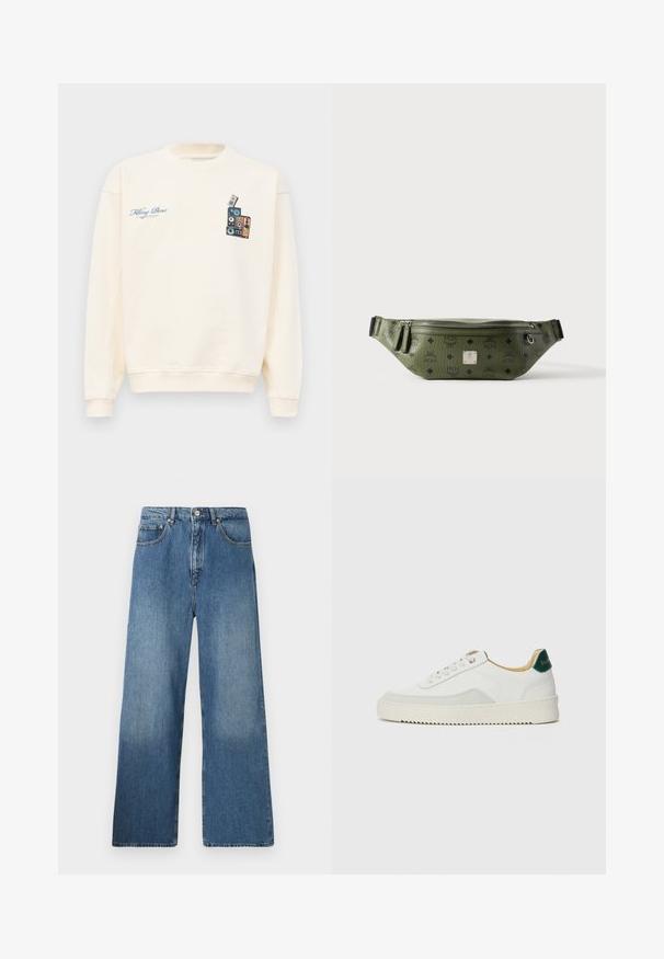 Crèmekleurige crewneck sweatshirt met blauwe tekst "Filling Pieces" op de linkerborst en een afbeelding van gestapelde vintage speakers op de rechterborst.; Lange blauwe denim jeans met een klassiek vijf-pocket ontwerp, voor sluiting met een knoop en een lichte vervaging voor textuur.; Witte sneaker met suède accenten, ronde neus, platte veters en een crème rubberen zool. Bevat groene branding op de hiel.; Olijfgroene textuurleren heuptas met zwarte logo's, zilveren ritssluiting, dubbele ritstrekkers en centrale zilveren merkembleem.