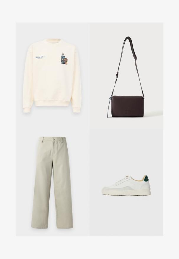 Krémový crewneck sveter s modrým textom "Filling Pieces" na ľavej hrudi a grafikou naskladaných vintage reproduktorov na pravej hrudi.; Han Kjøbenhavn WIDE LEG - Nohavice - light grey; Biele tenisky s semišovými akcentmi, zaoblenou špičkou, plochými šnúrkami a krémovou gumovou podrážkou. Na päte sú zelené značky.; Tmavohnedá kožená crossbody taška s textúrou, nastaviteľným popruhom a malým dekoratívnym modrým prvkom na boku.