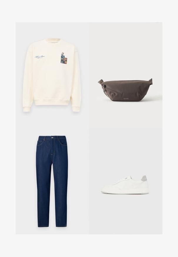 Cremefarvet crewneck sweatshirt med blå tekst "Filling Pieces" på venstre bryst og grafik af stakkede vintage højttalere på højre bryst.; Les Benjamins Jeans Straight Leg - rinse wash; Hvid lavtop-sneaker med gråt hælflig, hvide snørebånd og tekstureret sål, vist på en ensfarvet lys baggrund.; Mørkebrun stof talje taske med diagonalt lynlåslomme og lille hvidt logo på fronten, sat mod en ensfarvet lys baggrund.