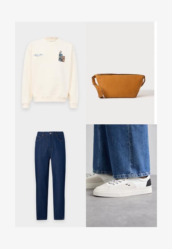 Krémový crewneck sveter s modrým textom "Filling Pieces" na ľavej hrudi a grafikou naskladaných vintage reproduktorov na pravej hrudi.; Les Benjamins Džínsy s rovným strihom - rinse wash; Biele a čierne tenisky s hladkým koženým zvrškom, štruktúrovanými akcentmi a masívnou bielou podrážkou. Obsahujú klasický dizajn so šnurovaním.; Svetlohnedá kožená crossbody taška s nastaviteľným popruhom a zipsovým uzáverom, zobrazená na jednoduchom svetlom pozadí.