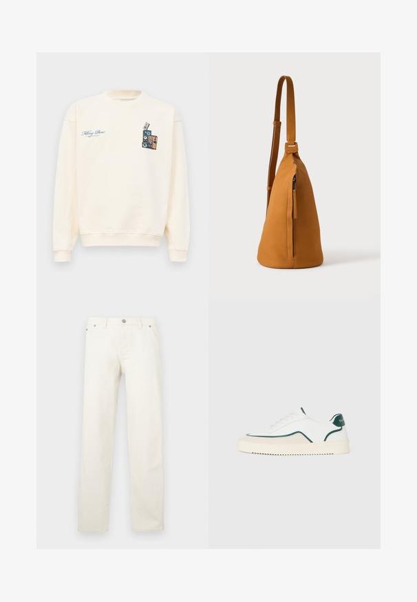 Crèmekleurige crewneck sweatshirt met blauwe tekst "Filling Pieces" op de linkerborst en een afbeelding van gestapelde vintage speakers op de rechterborst.; Witte recht gesneden jeans van denim, voorzien van een gulp met knopen, riemlussen en vijf zakken. De stof heeft een gladde textuur.; Witte lage sneakers met groene accenten, beige suede details en een crème-kleurige zool met een geribbelde onderkant.; Lichtbruine leren schoudertas met verstelbare band en verticale ritszak, zijaanzicht tegen een effen lichte achtergrond.
