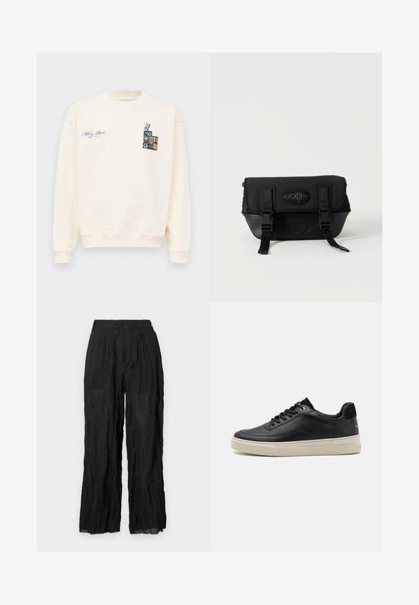 Cremefarvet crewneck sweatshirt med blå tekst "Filling Pieces" på venstre bryst og grafik af stakkede vintage højttalere på højre bryst.; Sorte linned brede bukser med en struktureret overflade. Har en elastisk talje og diskrete folder.; Sort lædersneaker med lav profil, der har en cremefarvet gummisål, rund tå og snøre-design, akkompagneret af en hæl i sort ruskind.; Sort Moschino crossbody-taske med forreste klap, to spænstropper og logoemblem på en ensartet lys baggrund.
