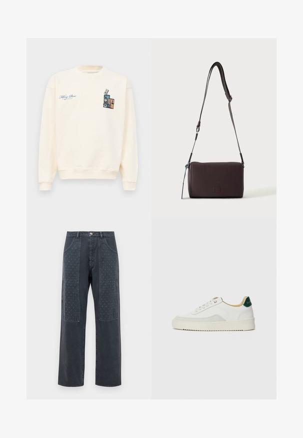Crèmekleurige crewneck sweatshirt met blauwe tekst "Filling Pieces" op de linkerborst en een afbeelding van gestapelde vintage speakers op de rechterborst.; Donkergrijze jeans met een wijde pijp, voorzien van decoratieve patches aan de voorkant met een subtiel bloemmotief en standaard zakdetails.; Witte sneaker met suède accenten, ronde neus, platte veters en een crème rubberen zool. Bevat groene branding op de hiel.; Donkerbruine gestructureerde leren crossbodytas met verstelbare riem en klein decoratief blauw accent aan de zijkant.