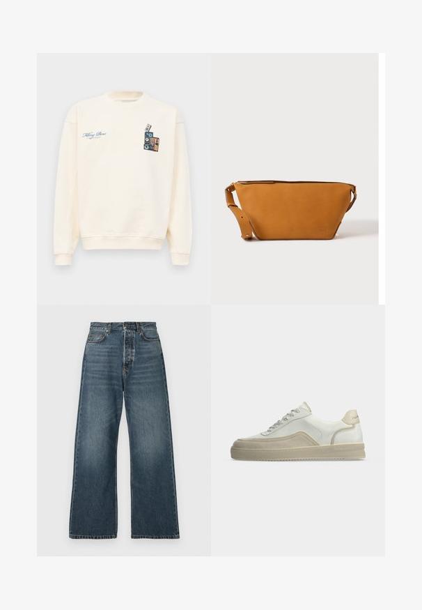 Krémový crewneck sveter s modrým textom "Filling Pieces" na ľavej hrudi a grafikou naskladaných vintage reproduktorov na pravej hrudi.; Džíny s vysokým pásom a širokými nohavicami, modrej farby, s prednými vreckami, pútkami na opasok a zapínaním na gombík, vyrobené z denimovej látky s stredným praním.; Biely nízky teniska s béžovými semišovými detailmi, predným viazaním a značkovou pätovou štítkou na jednoduchom svetlom pozadí.; Svetlohnedá kožená crossbody taška s nastaviteľným popruhom a zipsovým uzáverom, zobrazená na jednoduchom svetlom pozadí.