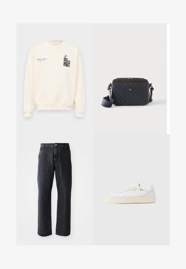 Crèmekleurige crewneck sweatshirt met blauwe tekst "Filling Pieces" op de linkerborst en een afbeelding van gestapelde vintage speakers op de rechterborst.; Zwarte denim jeans met een rechte pijp, voorzien van een knoopsluiting, vijf zakken en een subtiele textuur. Klassiek ontwerp zonder opvallende patronen.; Witte sneaker met een bovenwerk van gestructureerd suède en leer. Voorzien van een afgeronde neus, vetersluiting en een contrasterende beige rubberen zool.; Rechthoekige donkerblauwe crossbodytas met verstelbare riem, ritssluiting en subtiel logopatroon op het voorpaneel.