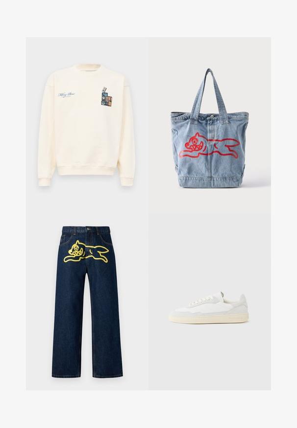 Cremefarvet crewneck sweatshirt med blå tekst "Filling Pieces" på venstre bryst og grafik af stakkede vintage højttalere på højre bryst.; Mørkeblå denim jeans med et stort gult grafisk motiv af en springende karakter på baglommen. Lige ben design med standard syninger.; Hvid sneakers med en øvre del i tekstureret ruskind og læder. Har rundet tå, snørelukning og kontrasterende beige gummisål.; Lyseblå denimtaske med to håndtag og en rød silhuet af et løbende tegneserie-dyr foran.