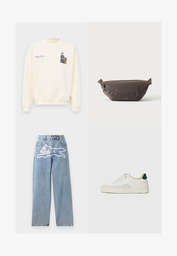 Crèmekleurige crewneck sweatshirt met blauwe tekst "Filling Pieces" op de linkerborst en een afbeelding van gestapelde vintage speakers op de rechterborst.; Lichteblauwe denim jeans met een relaxte, wijde pasvorm. Heeft een witte grafische afbeelding van een rennende kat aan de achterkant. Klassiek ontwerp met vijf zakken.; Witte sneaker met suède accenten, ronde neus, platte veters en een crème rubberen zool. Bevat groene branding op de hiel.; Donkerbruine stoffen heuptas met diagonale ritssluiting en klein wit logo aan de voorkant, tegen een effen lichte achtergrond.