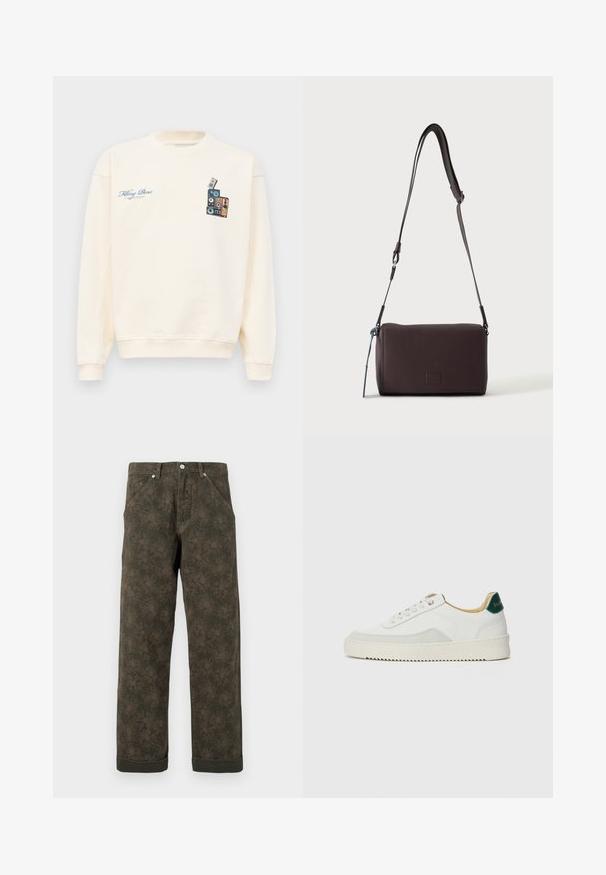 Cremefarvet crewneck sweatshirt med blå tekst "Filling Pieces" på venstre bryst og grafik af stakkede vintage højttalere på højre bryst.; Mørkegrønne bukser med subtil blomsterprint, frontknap, lommer og opsmøgede kanter.; Hvide sneakers med ruskindsdetaljer, rund tå, flade snørebånd og en cremet gummisål. Har grøn branding på hælen.; Mørkebrun textured læder crossbody taske med justerbar rem og lille dekorativ blå accent på siden.
