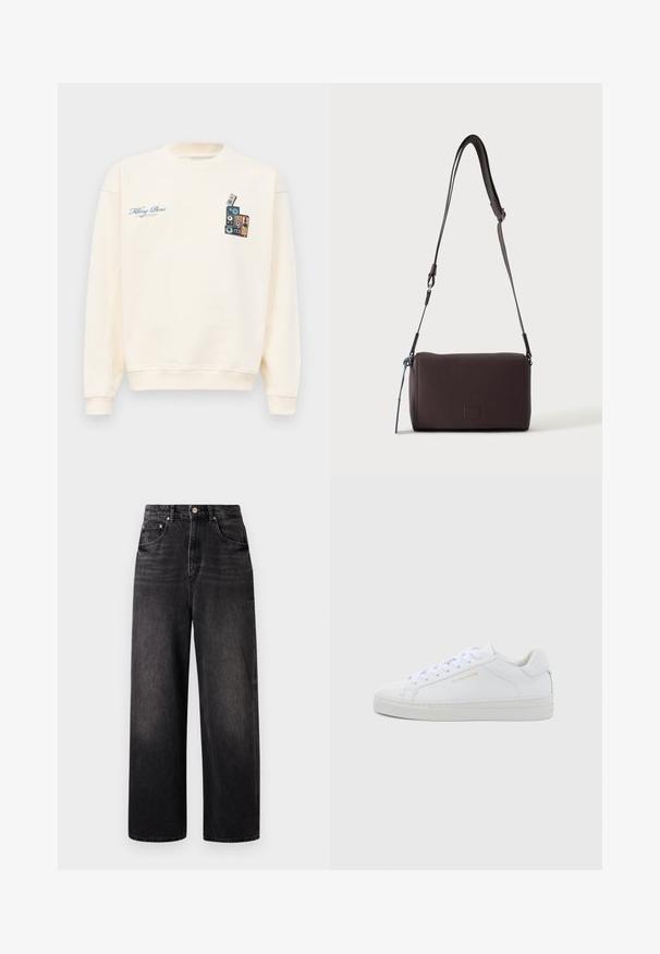 Cremefarvet crewneck sweatshirt med blå tekst "Filling Pieces" på venstre bryst og grafik af stakkede vintage højttalere på højre bryst.; Sorte denim jeans med løstsiddende pasform, høj talje, fem lommer og synlig knaplukning. Har diskret falmning og lige ben design.; Hvide sneakers i lav model og læder med rund snude, flade snørebånd, tekstureret sål og diskret guldfarvet logo på siden. Glat overflade og minimalistisk design.; Mørkebrun textured læder crossbody taske med justerbar rem og lille dekorativ blå accent på siden.