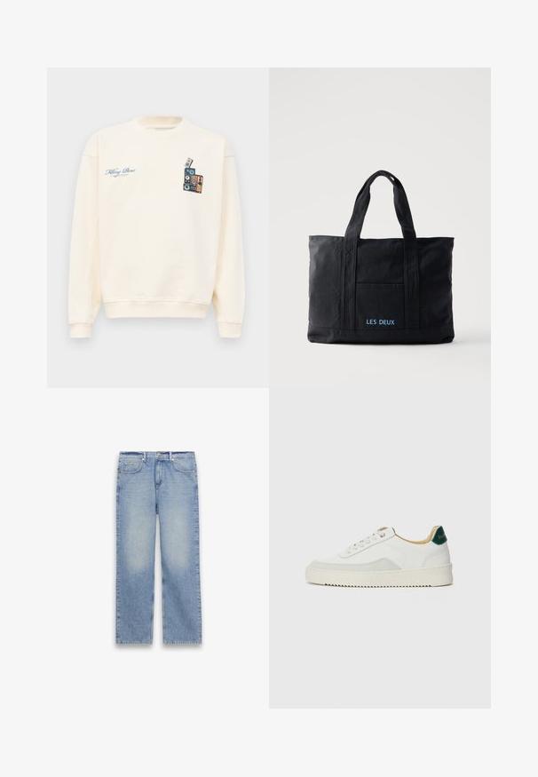 Kreemivärvi crewneck dressipluus, mille vasakul rinnal on sinine tekst "Filling Pieces" ja paremal rinnal virna vintage-kõlareid kujutav graafika.; Helehallid sirgelõikelised teksapüksid, millel on viis taskut, vöökohad ning nööp- ja tõmblukuskinnitus.; Valged tennisjalanõud, millel on sametised aktsendid, ümar varvas, lame nöörid ja kreemjas kummine põhja. Hästi nähtav roheline bränding kannal.; Mustast lõuendist õlakott kahe sangaga, esitasku ja sinise tikandiga "LES DEUX" esitaskul.