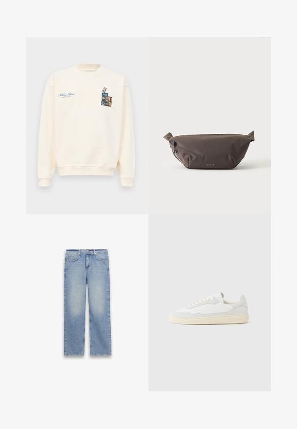 Kreemivärvi crewneck dressipluus, mille vasakul rinnal on sinine tekst "Filling Pieces" ja paremal rinnal virna vintage-kõlareid kujutav graafika.; Helehallid sirgelõikelised teksapüksid, millel on viis taskut, vöökohad ning nööp- ja tõmblukuskinnitus.; Valge tennisejalanõu, mille ülemine osa on valmistatud tekstuurse seemisnahast ja nahast. Omab ümarat ninaosa, paeltega sulgurit ja kontrastset beeži kummist tallaga.; Tumepruun kangast vöökott diagonaalse tõmblukuga tasku ja esi küljel oleva väikese valge logoga, heleda ühevärvilise taustaga.