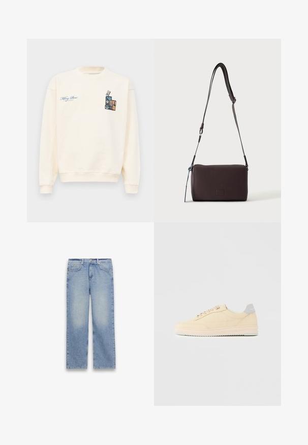 Krémový crewneck sveter s modrým textom "Filling Pieces" na ľavej hrudi a grafikou naskladaných vintage reproduktorov na pravej hrudi.; Svetlomodré rifle rovného strihu s piatimi vreckami, pútkami na opasok a zapínaním na gombík a zips.; Béžová teniska s nízkym strihom, s predným zaväzovaním na šnúrky, svetloružovou podrážkou a sivým pätovým pásikom s logom „Filling Pieces“, zobrazená z profilu na jednoduchom pozadí.; Tmavohnedá kožená crossbody taška s textúrou, nastaviteľným popruhom a malým dekoratívnym modrým prvkom na boku.