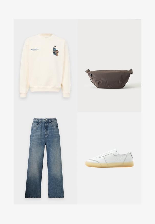Kreemivärvi crewneck dressipluus, mille vasakul rinnal on sinine tekst "Filling Pieces" ja paremal rinnal virna vintage-kõlareid kujutav graafika.; Sinine denimi lai jalaga püksid kõrge vöökohaga, millel on õrn pleekimine, viis taskut ja ees metallne nööp sulgemiseks.; Valge madala säärega nahast toss beezika läbipaistva tallaga, ees paelad ning minimaalsed õmblused, tuntud küljelt tavalise tausta ees.; Tumepruun kangast vöökott diagonaalse tõmblukuga tasku ja esi küljel oleva väikese valge logoga, heleda ühevärvilise taustaga.