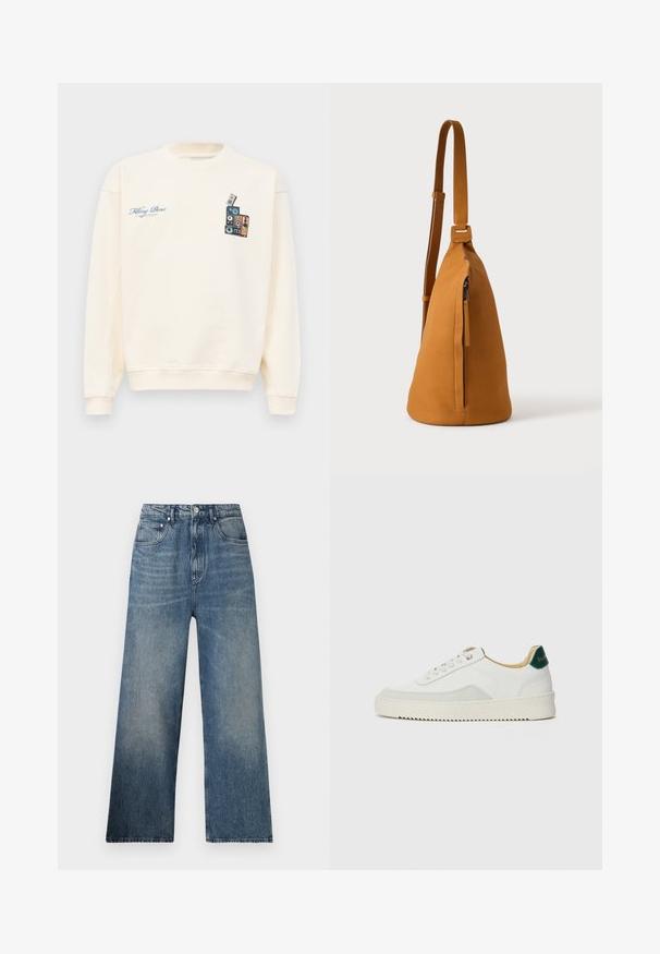 Krémový crewneck sveter s modrým textom "Filling Pieces" na ľavej hrudi a grafikou naskladaných vintage reproduktorov na pravej hrudi.; Modré rifľové nohavice s širokými nohavicami a vysokým pásom, s jemným zosvetlením, piatimi vreckami a kovovým zapínaním vpredu.; Biele tenisky s semišovými akcentmi, zaoblenou špičkou, plochými šnúrkami a krémovou gumovou podrážkou. Na päte sú zelené značky.; Kožená tanová taška cez rameno s nastaviteľným popruhom a vertikálnym vreckom so zipsom, zobrazená z boku na jednoduchom svetlom pozadí.
