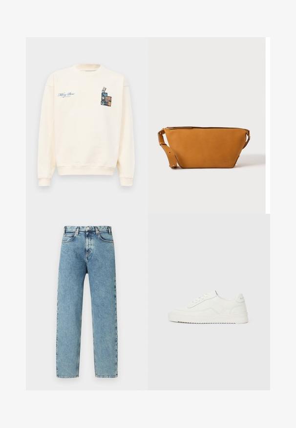 Cremefarvet crewneck sweatshirt med blå tekst "Filling Pieces" på venstre bryst og grafik af stakkede vintage højttalere på højre bryst.; Lyseblå denimjeans med lige ben, fem lommer og lukning med messingknap. Stoffet har et let tekstureret, falmet udseende.; Hvid lavskoet lædersneaker med snørelukning, tekstureret hælkappe og let rillede hvide gummisål på en ensfarvet lys baggrund.; Lys brun læder crossbody taske med justerbar rem og lynlås, vist mod en ensartet lys baggrund.