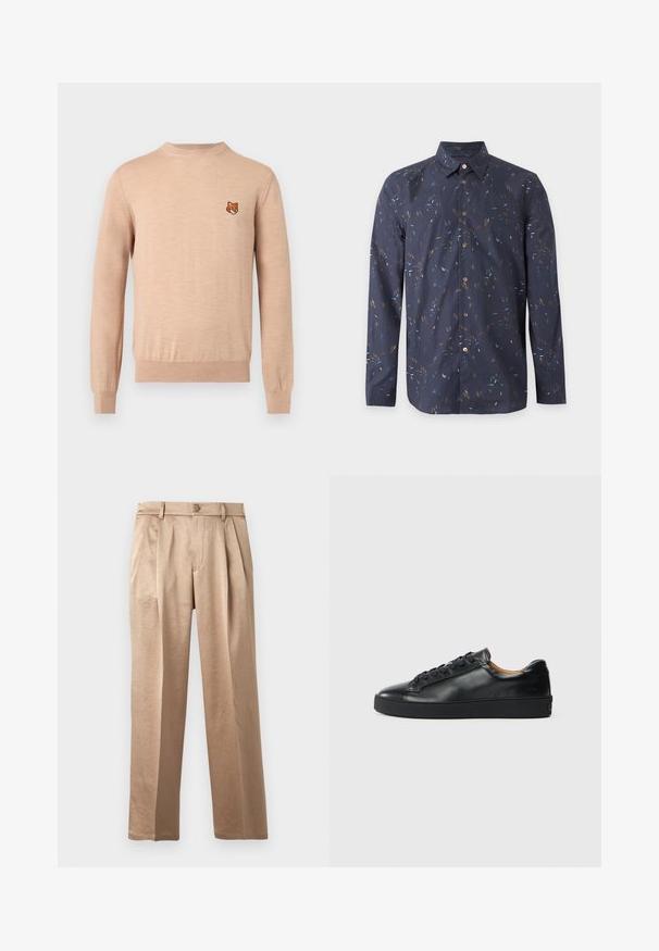 Pull beige à manches longues avec col rond, poignets et ourlet côtelés, arborant un petit emblème de tête de renard orange sur le côté gauche de la poitrine.; Chemise bleu marine à manches longues avec boutons, motif abstrait multicolore de coups de pinceau et col classique pointu.; Pantalon beige à coupe décontractée avec plis, fermeture par bouton et passants pour ceinture. Confectionné en tissu léger, avec une texture lisse et des jambes droites.; Baskets en cuir noir avec une texture lisse, bout rond et fermeture à lacets. Comprend une semelle en caoutchouc épaisse et un minimum de détails de marque.