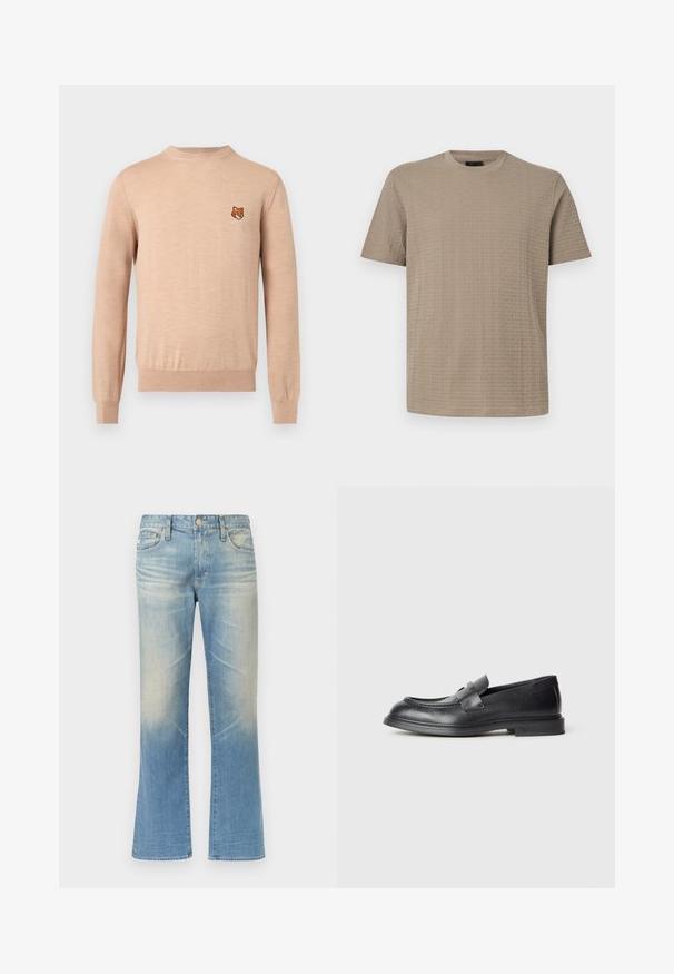 Pull beige à manches longues avec col rond, poignets et ourlet côtelés, arborant un petit emblème de tête de renard orange sur le côté gauche de la poitrine.; T-shirt beige pour homme à manches courtes avec col rond, orné d'un motif subtil en relief du nom de la marque répété sur tout le tissu.; Jean évasé en denim bleu clair avec une finition délavée, design à cinq poches, fermeture par bouton en métal et ourlets droits.; Mocassins en cuir noir avec une finition texturée, dotés d'une bride décorative à l'avant et d'un bout arrondi. Semelle en caoutchouc pour plus de durabilité.