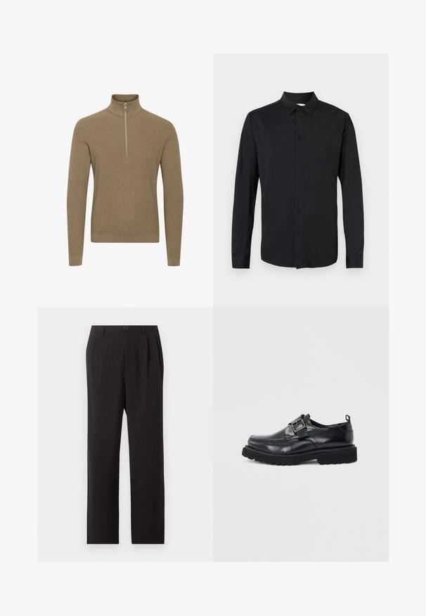 Brun lynlås sweater med høj krave, lavet af struktureret strikstof. Har lange ærmer og en tætsiddende design.; Sort langærmet skjorte med knapper, der har en krave, forreste knapper, og et glat, mat finishstof. Ingen synlige mønstre eller detaljer.; Sorte højtaljede skræddersyede bukser med folder, knaplukning, bæltestropper og lige ben på en ensfarvet lys baggrund.; Sort læderloafer med tyk sål og sølvspændebånd på siden mod hvid baggrund.