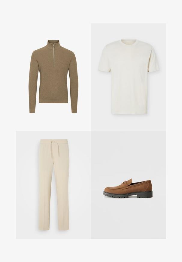 Brun lynlås sweater med høj krave, lavet af struktureret strikstof. Har lange ærmer og en tætsiddende design.; Simpel, off-white T-shirt med korte ærmer og rund hals, med diskret logo på venstre bryst, vist mod en hvid flad baggrund.; Beige, elastisk taljebukser med snoretræk. Har lige ben og en glat tekstur, velegnet til afslappet brug eller afslapning.; Brune Suede loafers med en rund tå og en lav sort gummisål, der har et dekorativt bånd og syninger på overdelen.
