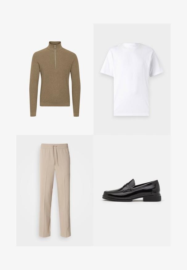 Brun lynlås sweater med høj krave, lavet af struktureret strikstof. Har lange ærmer og en tætsiddende design.; Hvid kortærmet t-shirt lavet af bomuld med rund hals, der har en glat tekstur og et simpelt design uden mønstre eller accenter.; Beige, afslappede bukser lavet af blødt materiale, med elastisk talje og snøre samt lige ben med minimale detaljer.; Sorte læder loafers med en rund tå, der har en syet detalje over vristen og en lav blokhæl. Glat tekstur og blank finish.