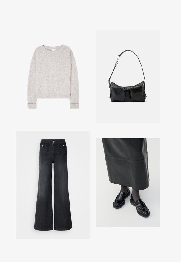 Lysegrå strikket trøje med lange ærmer, rund hals og ribstrikkede manchetter og kant, lagt fladt på en hvid baggrund.; Sorte denim brede ben jeans med høj talje, forknapper og to forlommer; glat tekstur med en let falmet finish.; Sorte læder loafers med en glat finish, prydet med en dekorativ rem, rund tå og tekstureret sål. Båret med en lang sort læderskirt.; Sort skuldertaske i læder med justerbar rem og to store forlommer med lynlås på en ensartet lys baggrund.