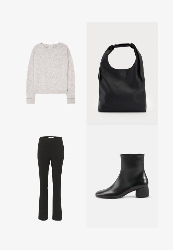 Pull gris clair en maille à manches longues avec col rond et poignets et ourlet côtelés, posé à plat sur un fond blanc.; Pantalons noirs ajustés avec une coupe slim, bas évasé, devant plat et sans poches visibles. Fabriqués en tissu lisse avec des coutures minimales.; Bottine en cuir noir avec bout carré arrondi, fermeture éclair latérale et talon bas épais sur fond clair uni.; Sac à main en cuir noir avec une grande ouverture sur le dessus et une seule bandoulière. Texture douce, design minimaliste, avec des accents métalliques discrets.