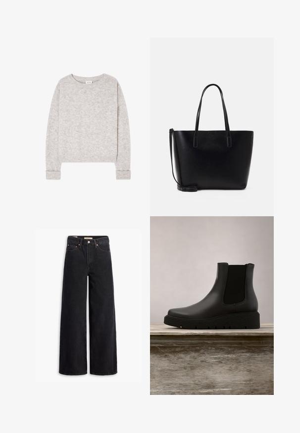 Lysegrå strikket trøje med lange ærmer, rund hals og ribstrikkede manchetter og kant, lagt fladt på en hvid baggrund.; Sorte brede benjeans lavet af denim, med fem lommer, kobbernitter og en klassisk knaplukning. Glat tekstur med et rent design.; Sorte ankelstøvler med en glat læderoverflade, elastiske sideskinds paneler og strukturerede gummisåler, vist på en træoverflade.; Sort læder tote taske med to lange håndtag, en struktureret form, glat tekstur og en aftagelig skulderrem. Diskret brandingdetalje.
