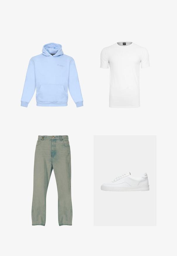 Hoodie bleu clair en tissu doux, avec une poche frontale, des poignets élastiques et un logo brodé sur la poitrine.; T-shirt blanc uni à manches courtes col rond avec une étiquette noire à l'intérieur du col sur fond blanc.; Jean droit bleu clair avec bouton à l'avant, passants pour ceinture et poches avant, présenté sur un fond blanc.; Baskets basses blanches avec un design à lacets, dessus en cuir lisse et semelle épaisse, montrées de profil sur un fond uni.