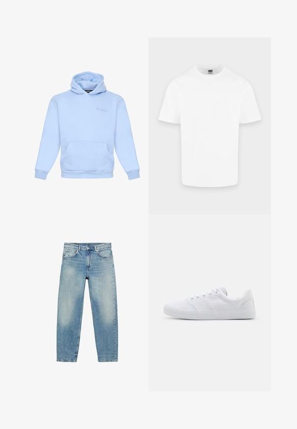 Hoodie bleu clair en tissu doux, avec une poche frontale, des poignets élastiques et un logo brodé sur la poitrine.; T-shirt blanc uni en coton à manches courtes et col rond présenté sur un fond gris clair.; Jean droit en denim bleu avec poches avant et passants de ceinture, présentant des détails légèrement décolorés sur les cuisses et les genoux.; Baskets en toile blanches avec une semelle en caoutchouc, dotées de six œillets, d'un embout texturé et d'un design minimaliste.