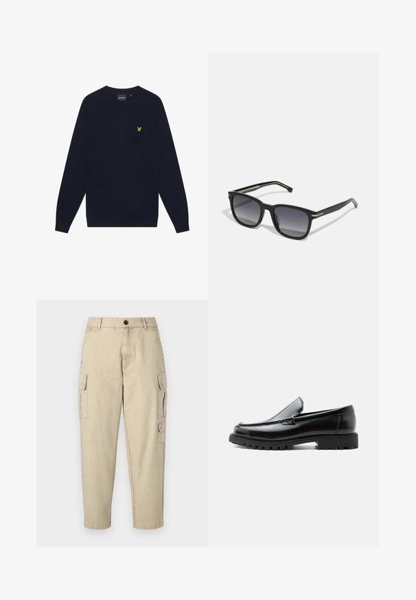 Marineblauwe lange mouwen crewneck sweater met een klein geel geborduurd adelaarslogo op de linker borst.; Beige cargobroek gemaakt van zachte stof, met zijzakken, een knoopsluiting en een tapered leg ontwerp.; Zwarte leren loafer met dikke rubberen zool, gestikte bovenkant en gegraveerde merknaam op de hiel, zijaanzicht op witte achtergrond.; BOSS Zonnebril - black