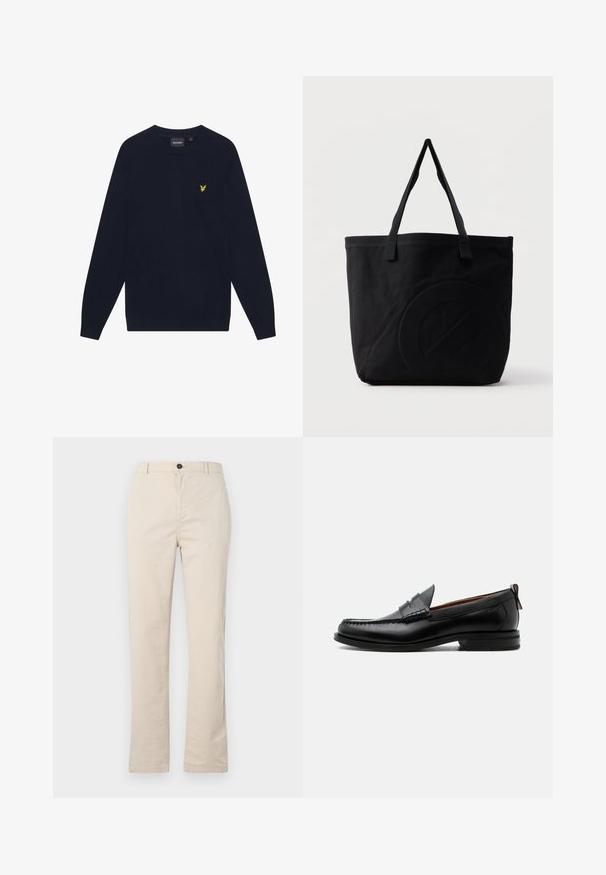 Mørkeblå langærmet crew neck sweater med et lille gult broderet ørnelogo på venstre bryst.; Lyse beige bomuldsbukser med lige ben-design, der har en frontknaplukning, lynlåslukning og minimale syninger.; Sort læder herre loafer med moc-tå syning, penny strop, struktureret krave og lav stablet hæl på hvid baggrund.; Sort canvas-tote-taske med to skulderstropper og et diskret præget cirkeldesign på fronten.