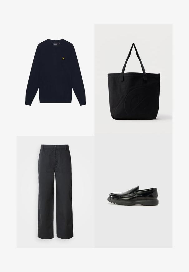 Mørkeblå langærmet crew neck sweater med et lille gult broderet ørnelogo på venstre bryst.; Bukser med vide ben i mørkeblåt bomuldsstof, der har forlommer foran og lukning med knap. Glat tekstur med et minimalistisk design.; Sort læderloafer med en blank finish, rund tå, subtile syninger og en tyk gummisål for holdbarhed.; Sort canvas-tote-taske med to skulderstropper og et diskret præget cirkeldesign på fronten.