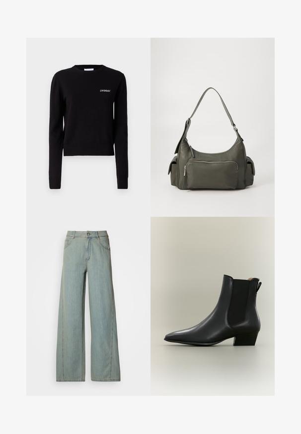 Pull en maille noire avec col rond, manches longues et ourlet côtelé. Présente un petit logo blanc sur la poitrine. Texture douce et lisse.; Jeans large en denim bleu clair, dotés d'une fermeture avec bouton et zip, de cinq poches et de détails de couture contrastés.; Bottine noire en cuir avec bout pointu, talon bloc bas, panneau latéral élastique et languette arrière sur fond neutre.; Sac à épaule en cuir vert avec un design arrondi, poche zippée à l'avant et poches supplémentaires sur les côtés. Texture lisse et matériel minimal.