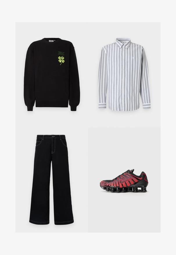 Sweat-shirt noir en tissu doux, avec un trèfle à quatre feuilles vert brodé et un texte sur la poitrine. Poignets et ourlet côtelés.; Chemise pour homme à boutons avec rayures verticales grises et blanches, manches longues, et petit logo sur la poitrine. Tissu en coton, col classique.; Pantalons larges noirs en denim, dotés d'une fermeture à boutons, de cinq poches et de coutures blanches contrastantes le long des coutures.; Des chaussures de sport noires et rouges présentent une tige en mesh avec des rayures verticales et un col rembourré, soutenues par une semelle distinctive et segmentée.
