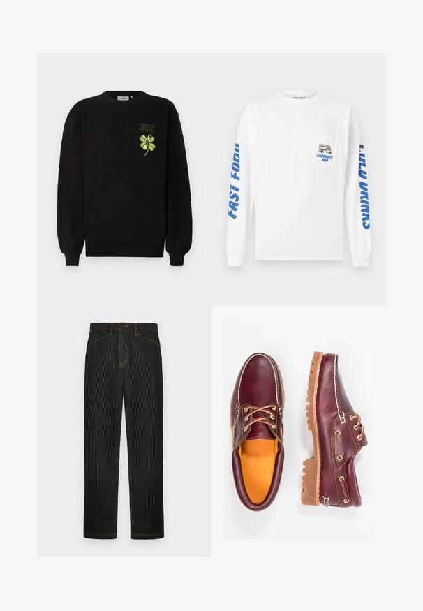Sweat-shirt noir en tissu doux, avec un trèfle à quatre feuilles vert brodé et un texte sur la poitrine. Poignets et ourlet côtelés.; Chemise blanche à manches longues en coton. Présente un texte bleu sur les manches et une poche avec un graphique d'un camion de nourriture et l'inscription "Carhartt WIP".; Pantalon rayé noir en denim, avec des coutures orange et une coupe droite. Comprend une fermeture par bouton à l'avant et des passants pour ceinture.; Chaussures en cuir bourgogne avec semelles en caoutchouc marron, bout rond, couture blanche et œillets dorés. L'intérieur présente une doublure jaune.