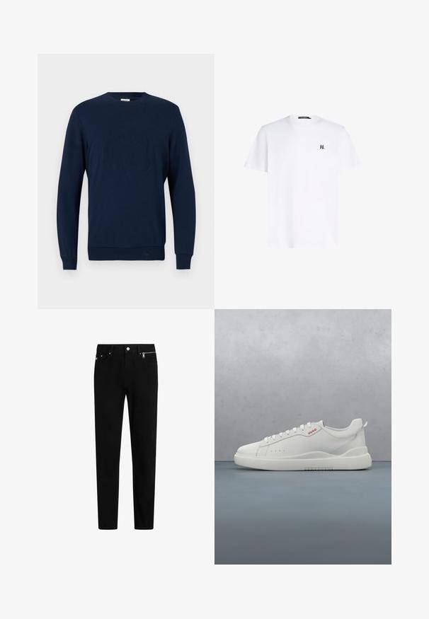 Marineblauwe sweatshirt van een katoenmix, met een ronde ronde hals, lange mouwen, geribbelde manchetten en onderrand, en een verhoogd logodesign aan de voorkant.; Witte korte mouwen t-shirt met een klein zwart logo op de linkerkant van de borst, gepresenteerd op een neutrale achtergrond.; Zwarte denim broek met een rechte snit, voorzien van een knoop- en ritssluiting aan de voorkant, twee zijzakken en een subtiel merklogo op de tailleband.; Witte sneaker met een gladde leren afwerking, ronde neus, vier veterogen, subtiele perforaties en een rood logo detail aan de zijkant.